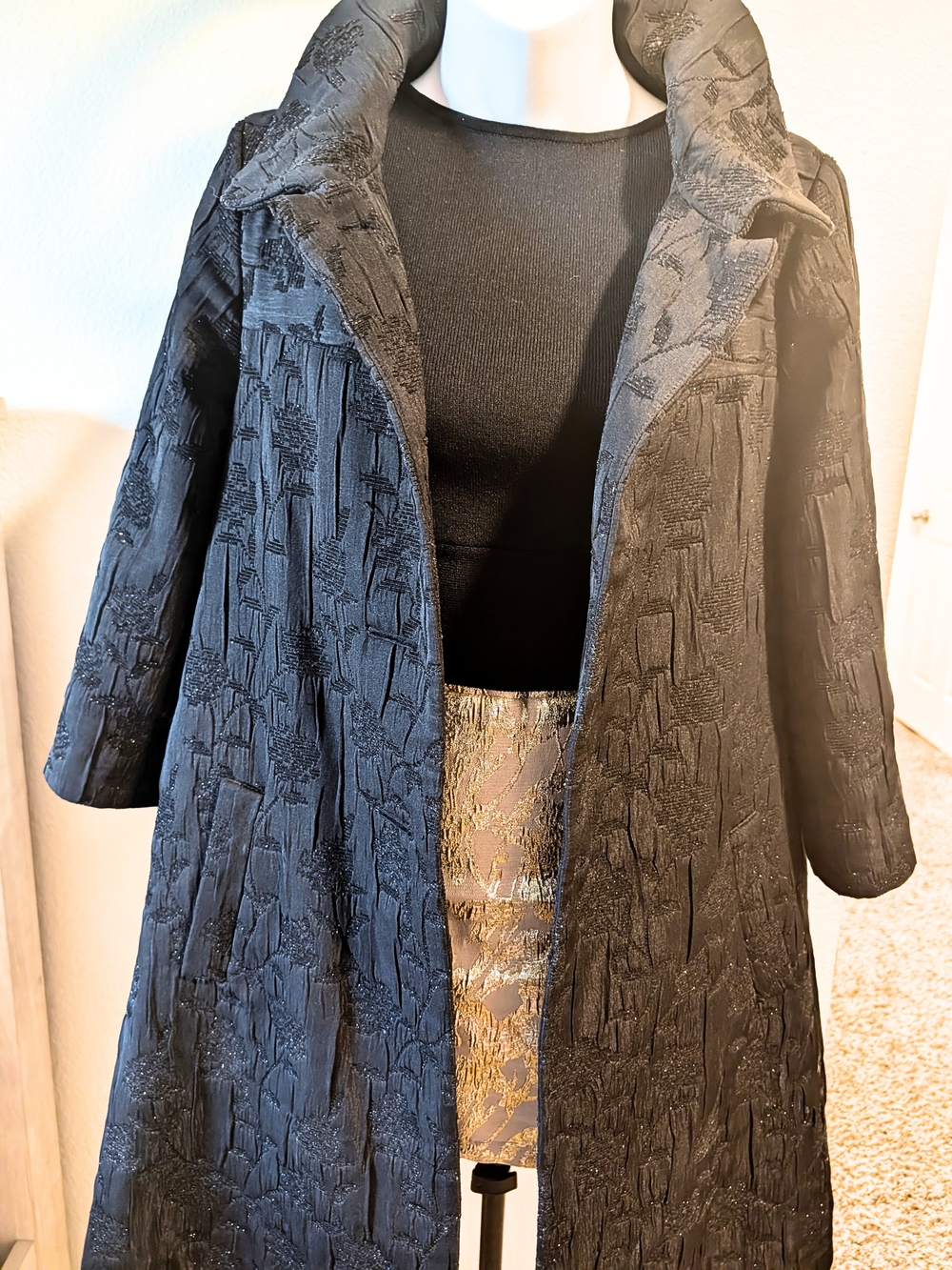 Michael Kors Textured Black Long Coat with Structured Collar